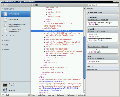 Zdrojový kód HTML ve stromu DOM včetně spočítaného CSS